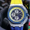 2022 Relógio masculino Amarelo Azul Dois tons Pulseira de borracha Luminosa Safira 42 mm Japão Quartzo Movimento Cronógrafo Relógio de pulso masculino