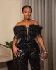 2022 Plus Size Arabic Aso Ebi Black Mermaid Jumpsuits Prom Dresses Feather Sexy Evening Formal Party Second Reception Birthday Engagement Gowns Dress ZJ55