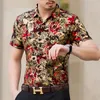 Men's Casual Shirts Gold Bronzing Silk For Mens Club Dress Unusual Clothes Luxury Large Size Stretch Flowers Blouse Holiday DressMen's