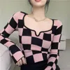 Tonngirls gebreide t -shirt vrouwen kleding roze geruite vierkante kraag dames tops met lange mouwen Koreaanse slanke magere bijgesneden T -stukken 220510