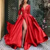 Party Dresses HENCHIRY Upgrade Women Fashion Elegant Deep V-Neck Long Sleeve Lace A-line Dress Split Hem Formal Evening Gown