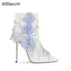 Botines de mujer con flores bordadas, zapatos de boda de tacón alto de aguja con punta estrecha, Botas femeninas de perlas hechas a mano de calidad 220729