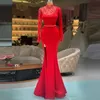 Kırmızı Abiye Uzun Kollu Yüksek Boyun Boncuklu Mermaid Mütevazı Zarif Örgün Elbiseler Vestidos de Fiesta