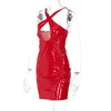 2022 Sexy Off Ramię Halter Bodycon Mini Sukienka Kobiety Pu Faux Leather Party Wieczorne Urodziny Krótkie Wrap Sukienki Lato Czarna Czerwona Koszula Odzież »