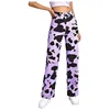 Women's Jeans Fashion Woman Mid Waist Loose Pocket Purple Cow Print Pants Leopard Straight Leg Long Pantalones De Mujer