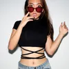 2022 Summer Women Black Short T-Shirts Sexy Crop Tops Short Sleeve Bandage Tee Tops Female Shirts