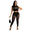 Zomer dames tweedelig broek set 2022 designer kleding sexy bedrukte tanktops pure mesh leggings outfits vrouwelijke sweatsuits