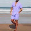 Hommes Survêtements Coton Lin À Manches Courtes Chemises Tops Shorts Hommes 2 Pcs Costume Ensemble D'été Mâle Solide Blouse Casual Hawaii Plage Tenues Hommes