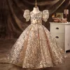 Princess Flower Girls Dresses For Weddings Gold Sequined Top Tulle Girls Pageant Ball Glows Hollow Back Jewel First Holy Communion Dresses Cheap