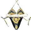 Sexy veter split Swimwear dubbele letter paleis patroon zwempak verzamelen rappy bikini set hangende nek zwemslijtage 2 -delige set