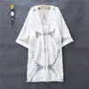 Summer Swimsuit Lace Hollow Het Bikini Cover Up 34 Sleeve Women Topps Badkläder Dress White Beach Tunic Shirt 220707