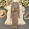 Casual Kleider Gestrickte Kleid Frauen Schlank Bodycon Langarm Frühling Herbst Pullover Frau Sexy V-ausschnitt Midi Robe Vestidos