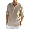 Summer Cotton Linen Men Casual Loose Long Sleeve Stand Collar Blouse Solid Button VNeck Male Shirts Tops 220805