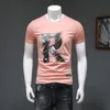 Men's Summer Short Sleeve T-shirt Causal Slim Cotton Round Neck Male Tops Alphabet R Print Tees Pink Shirt Youth Base Mercerized Cotton High Quality Man Clothing M-4XL