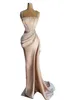 2022 Sexy Nude Blush Pink Mermaid Evening Dresses Wear Latest Spaghetti Strap Crystal Beads Sequins Pleats Side Split Long Formal Prom Party Gowns Vestidos
