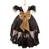 Girl's Dresses High-low Black Lace Kids Party Glitter Sequin Bow Knot Pagnant Gowns Feather Sleeves V Back Flower Girl DressesGirl's Girl'sG