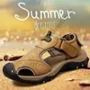 Large size sandals men 2022 summer new breathable toe sandal outdoor leisure Casual beach shoes Head layer cowhide Grey Fog 001