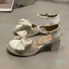 Klänningskor kvinna sko korta pumpar Mary Jane Round Toe Summer High Heels Chunky Sandals Bourgogne Sweet Lolita Retro Bow