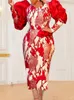 Casual Dresses Elegant Women Print Dress Red Puff Long Sleeve Peplum Slim Fit Pencil Vintage Big Size Party Event Födelsedagsklänningar 3xl