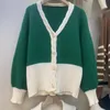 Kobiety Knits Tees Lattern Rękak dzianinowy swetra Kontrast Wzór SWEATER Kobiety 2022 Autumn V-Neck Slim Taist Cropped Swatterswome