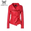 AORRYVLA Frühling Frauen Lederjacke Rote Farbe Umlegekragen Kurze Länge Schlank Stil Mode Kunstlederjacke 201214