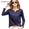 Tukbijczyk Wiosna Kobieta Slub Bawełna V-Neck z długim rękawem T-shirt Kobiety Gem Guziki Navy Blue Tops Moda Szycie T Shirt 220408