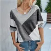 Lady V-Neck Long Sleeve Loose Patchwork Print T-Shirt Spring Autumn Casual Fashion Top Women Comfortable Pullovers T-Shirt 220408