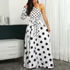 Sukienki swobodne 2022 Summer Elegancka impreza asymetryczna sukienka wypoczynkowa Polka kropka nadruk długa spódnica żeńska jednorodka na długi czas rękawica