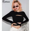 Rockmore Gothic Bodycon Criss Cross Bandage T-shirt Kobiety Z Długim Rękawem Hollow Out Koszulki Femme Streetwear Crop Tops Tees Autumn 220328