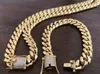 Kubanische Herren-Halskette, Armband-Ketten-Set, 14 Karat vergoldet, 14 mm Diamant-Verschluss