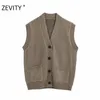 Zevity Women Fashion v Neck Bestoded Casuare Seater女性のレジャーポケットSleaveless Vest Sweater Coat Tops S377 201223