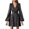 فساتين غير رسمية أنيقة الفوانيس الفوانيس A-Line Mini Dress Office Office Print Long Vestido Women Sexy v Neck High Weist Party