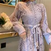 Frühling Vintage Kleid Frau Lila Spitze einreiher Hohe Taille Kleider Frau Vestido Lange Puff Sleeve Elegante Party Kleid 220316