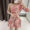 TMODA Women One Shoulder Pleated Ruffles Crop Shirt Totem Flower Print Slim Blouses Floral Pleated Mini Skirt Two Piece Sets 220608