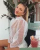 Summer Sexy Women Polka Dot Mesh Sheer Sheat-Through Tops Bikini Cover-ups Puff Long Sleeve T-shirts Beachwear Loose Top