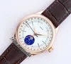 EWF Cellini Moonphase 50535 A3195 Automatik-Herrenuhr, Roségold, weißes Zifferblatt, echtes Meteorit-Braun-Leder, Super Edition, gleiche Serie, Garantiekarte, Zeitzonenuhr B2