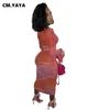 Cm.yaya outono feminino midi vestido malha veja através de vestidos de bodycon de decote em vasos de manga cheia