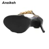 Sandals Aneikeh Fashion Black Patent Leather Sexy Open Toe Gold Chain Decoration High Heel Women Party Shoes Ankle Zippers 35-42 Summer 220331
