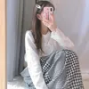 Harajuku kawaii söt retro långärmad t-tröjor Chic blommig tryck spets toppar våffel tyg vintage vit topp femme 220408
