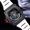 ألياف الكربون الحمراء F1 Mens Watch Wuminous Skeleton Dial Japan Movematic Movement Move Glass Personalized Rubber Strap Wristwatch 44mm