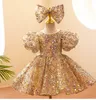 Elegant Gold Princess Girls Pageant Dresses Sequined Blingbling Floor Length Ball Gown Pageant Dresses For Teens Toddler Girls Flower Dress