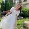 Violet blanc solide élégant dentelle longue robe Maxi Vintage col carré femme robe française décontracté vacances dame Vestidos 220423