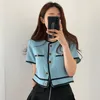 Chic Korean Summer Thin Contrast O Neck Short Sleeve Jackets Women Crop Tops Singlebreasted Straight Coat Fashion Clothing L220815