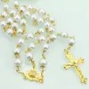 Golden Pearl Rosary Beads Necklace Jewelry Cross Catholic Religious Supplies