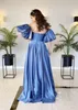 Blue Evening Dresses Party Satin A-Line Detachable Short Sleeves Arabic Dubai Prom Gowns Celebrity Formal