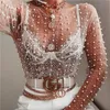 Yimunanncy Pearl Top Women Mesh Top Spring Ladies Slave Longa Transparente Sexy Top Cover Up Clubwear 220408