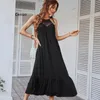 Women's Swimwear Hollow Out Maxi Dress Women Sexy Off Shoulder Fashion Casual Beach Halterneck Dresses Solid Stitching Large Swing Femme Rob