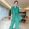 Dames tweedelige broek 2022 Autumn Women Elegant kantoorpak vrouwelijke dubbele borsten blazer brede poot broek Lady Solid Tweed 2 set L8