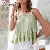 Casual Holiday Green Ruffle Camisole Summer Spring Fashion Sleeveless Short Tops Women One Shoulder Solid Tank Top 220527
