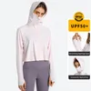 Ice L_174 Silk Quick Drying Yoga Coat Outdoor Sun Protection Clothing Women Zip Hole Hoodie UPF Rash Guards